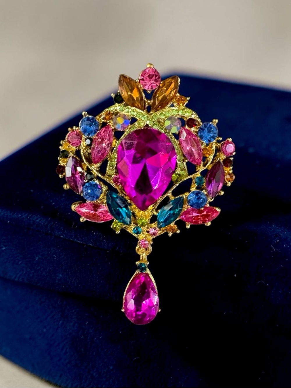 Large Gold-Tone Multicolor Crystal Drop Brooch